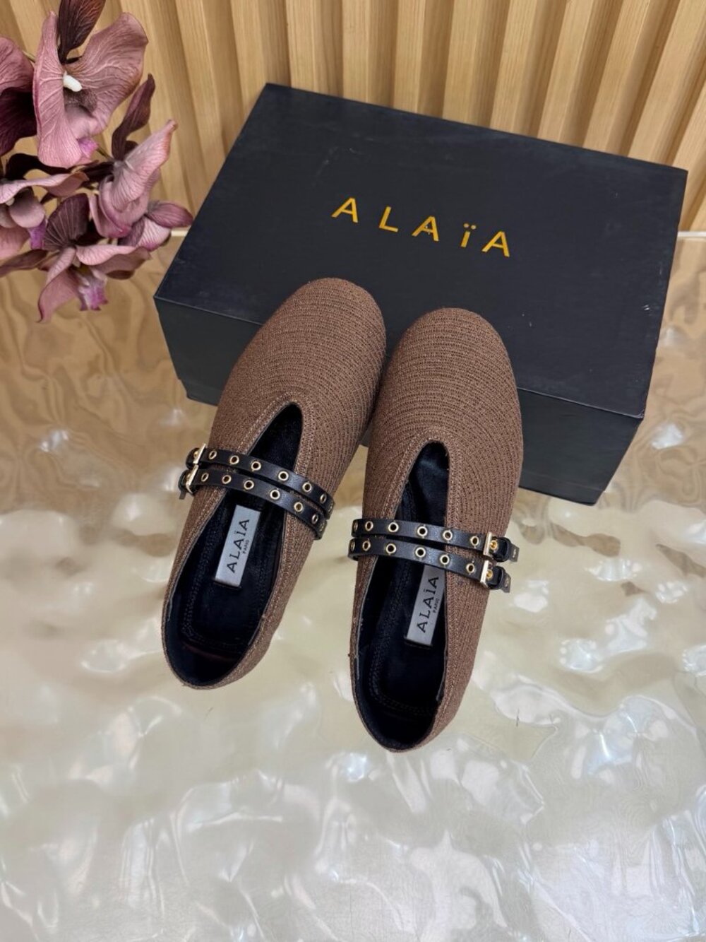 Alaïa Brown Knit Double-Buckle Mary Jane Flats